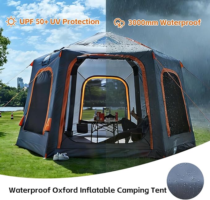Inflatable Tents for Camping 2/4/6 Person Large Blow Up Tent with Electric Air PumpQuick Set up 12ftx12ftx8ft Big Inflatable Tent for 4 Season Outdoor Family Camping