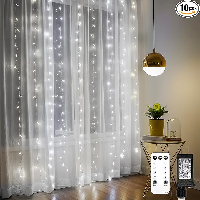 suddus Curtain Lights Outdoor String Lights for Bedroom Window Wall Wedding Party White 300 LED