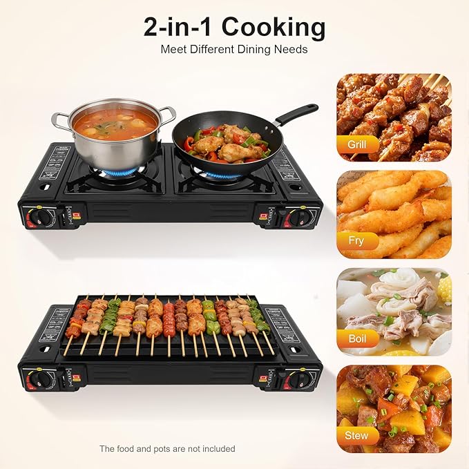 2-Burner Portable Camping Stove Butane Camping Stove Outdoor Travel Camp Stove for Camping BBQ Home (with Grill Tray)