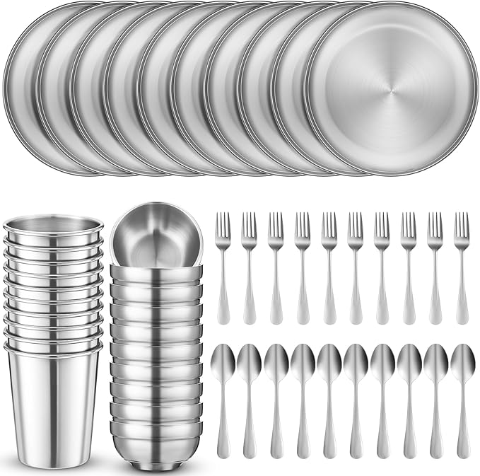 Jinei 50 Pcs Stainless Steel Dishes Set 10 Stainless Steel Plates 10 Bowls 10 Cups 10 Spoons 10 Forks Dishwasher Safe Durable Dinnerware Set for Home Travel Camping (Casual)