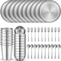 Jinei 50 Pcs Stainless Steel Dishes Set 10 Stainless Steel Plates 10 Bowls 10 Cups 10 Spoons 10 Forks Dishwasher Safe Durable Dinnerware Set for Home Travel Camping (Casual)