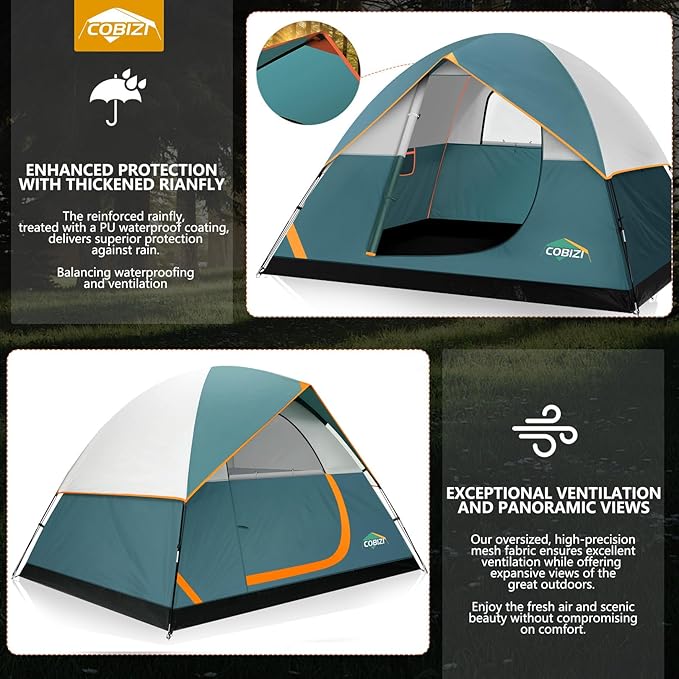 COBIZI Camping Tent 4 Person Easy Setup Waterproof Windproof Backpacking Tent with Removable Rainfly Lightweight Portable Outdoor Family Tents for Camping Travel Fishing Hiking Scouts (Green)