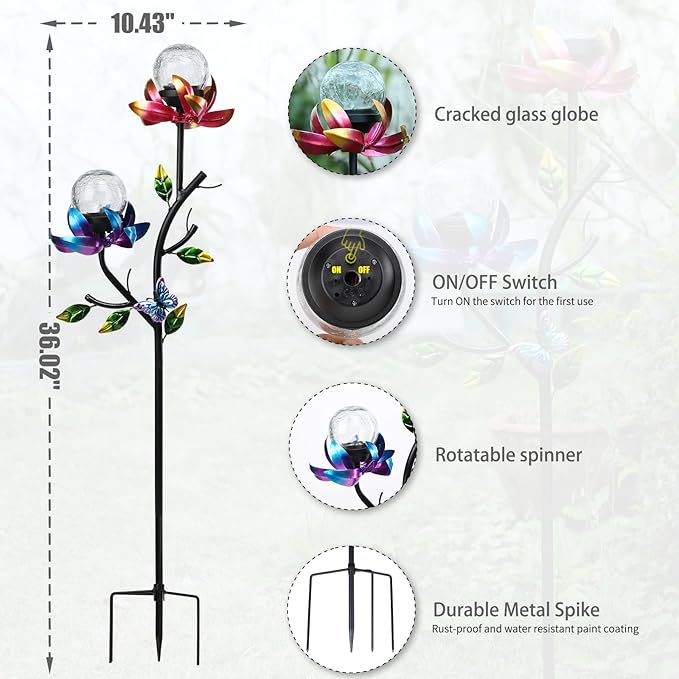 VCUTEKA Solar Garden Flowers with LED Light Crackle Glass Globe Solar Lights Outdoor Metal Stake Wind Spinner for Garden Decoration Patio Decor Yard Decor and Gift for Mother
