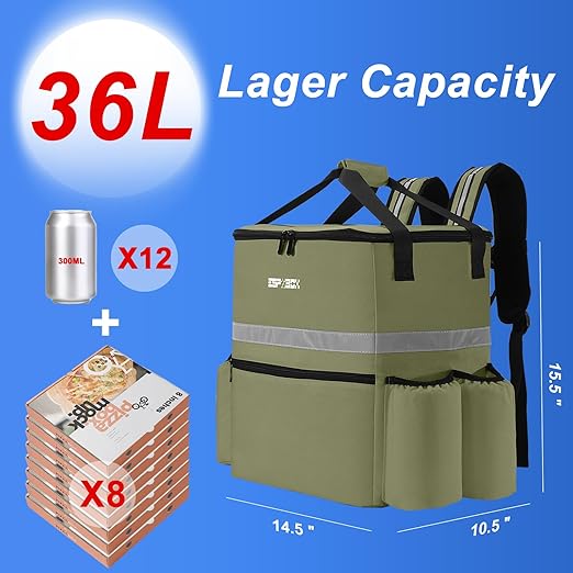 Food Delivery Backpack w/4 Cup Holder &amp Insulated Pizza Bag for Delivery Bike - Large &amp Leakproof Hot/Cold Delivery Bags for Uber Eats Doordash &amp Postmates (Green)
