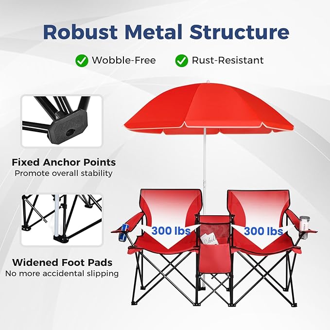 Goplus Double Camping Chair with Umbrella Folding Loveseat Chairs w/Canopy Shade Carrying Bag Table Cup Holder Portable Beach Chairs Outdoor Picnic Patio (Red)