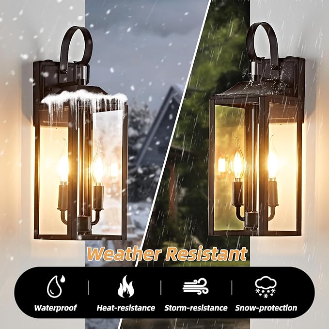 OKELI 17.6 2-Pack Dusk to Dawn Outdoor Lighting Large Exterior Porch Lighting 2-Light Farmhouse Outside Lantern Lights with Clear Glass Waterproof Wall Sconces Lamp for House Garage Brown