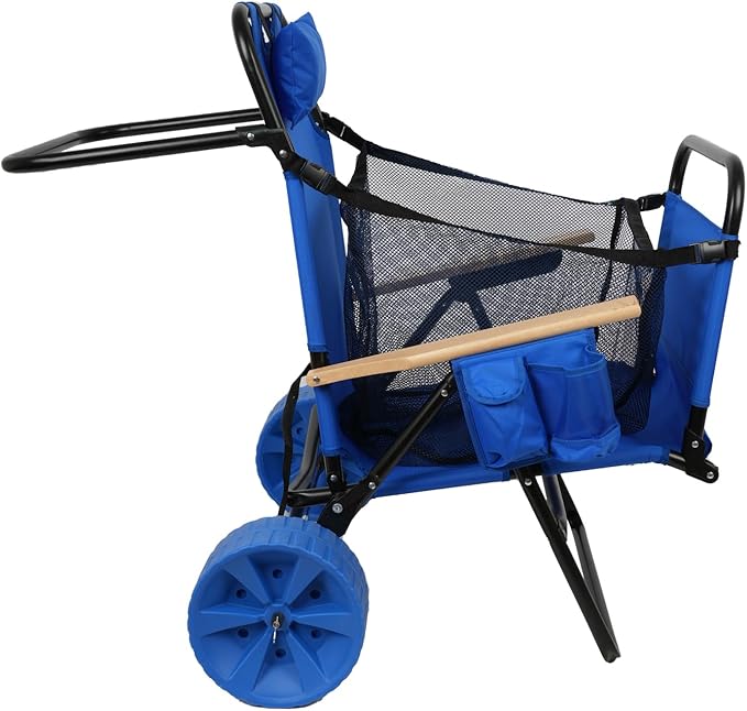 Beach Chair Cart with Wheels 2 in 1 Foldable Beach Lounge Chair Buggy Cart Large Wheels for Pool Backyard Sunbathing Picnic (Light Blue)