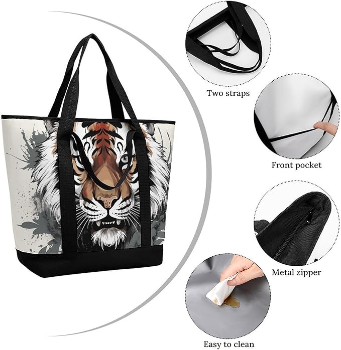 Insulated Shopping BagLarge Reusable Cooler Bags Black And White Doodle Tiger Printed Foldable Shopping BagTravel Waterproof Shoulder Bag