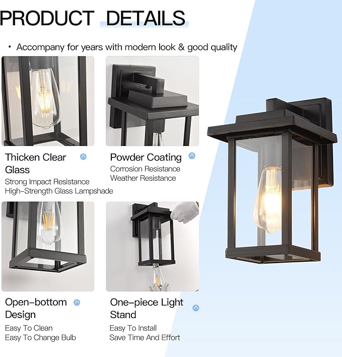 Outdoor Wall Light Fixtures Modern Exterior Wall Mount Lanterns Outside Wall Sconces in Black Finish with Clear Glass for Porch Patio Farmhouse 2-Pack
