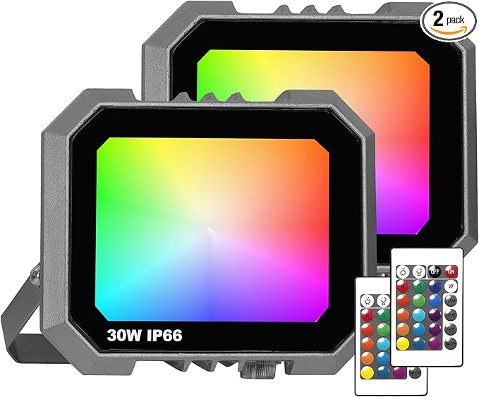 2 Pack RGB LED Flood Light 30W 300W Equivalent 3000 LM Outdoor Landscape Flood Lights with 2 Remote IP66 Waterproof Outdoor Light for Christmas Party Stage Uplight Wall Wash