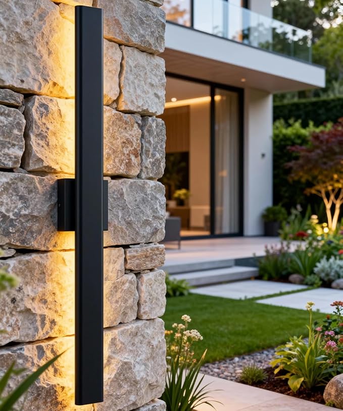 Aipsun 2 Packs Outdoor Wall Sconce 3000K 4000K 6000K 31.5in Modern Black Exterior Light Long LED Linear Wall Light Outside Lighting for Entrance Hallway Garage Porch(3CCT)