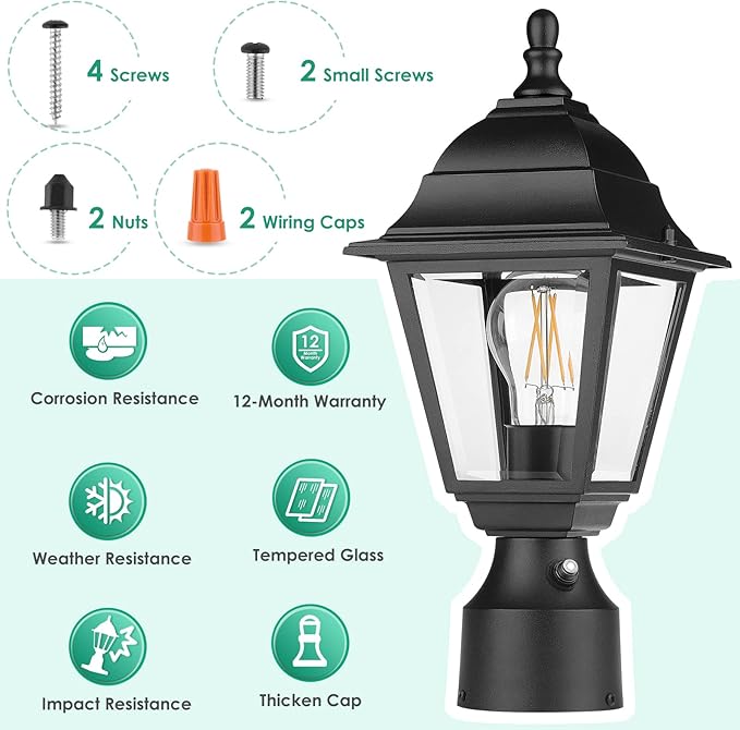 FOLKSMATE Dusk to Dawn Outdoor Post Lights 2-Pack Waterproof Outside Post Lamps with Pier Mount Exterior Pole Lantern with Clear Glass Matte Black Light Fixture for Patio Garden Walkway