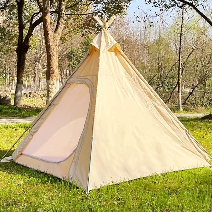 7ftx7ft x6.5ft Canvas Camping Pyramid Tipi Tent Adult Indian Teepee Tent for 1-2 Person for Outdoor Camping Or Exhibition