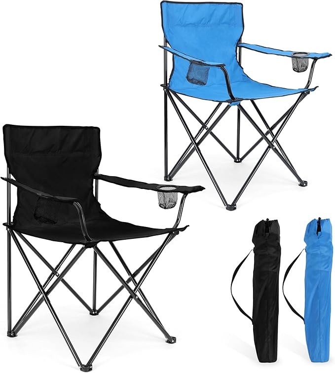 Foldable Camping Chair Set of 2 HaSteeL Folding Camp Chairs &amp Carrying Bags for Adults Portable for Lawn Outdoors Fishing Hiking Travel Picnic Beach Oversized &amp Supports 275lbs (Black