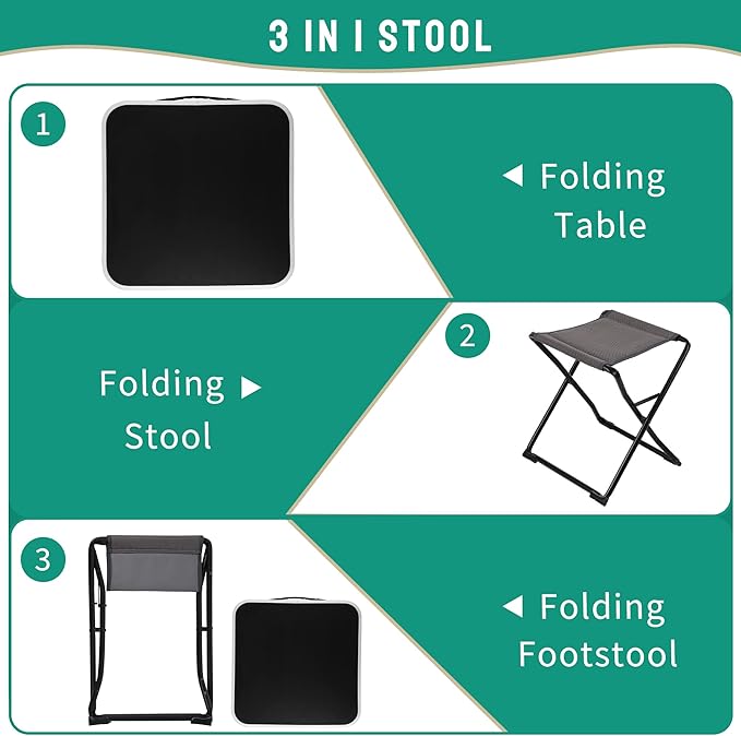 SUNNYFEEL 3 in 1 Folding Camping Table and Stool Footrest Lightweight Up to 300 LBS Easy to Carry Portable Camp Stool for Beach Fishing Trip Picnic Lawn Concert Outdoor
