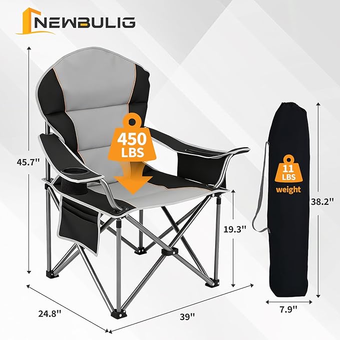 NEWBULIG Oversized Folding Camping Chair for Adults Portable Outdoor Collapsible Chairs 500 LBS Heavy Duty Support with Cup Holders Side Cooler &amp Pockets for Lawn Beach Fishing Hiking Bla
