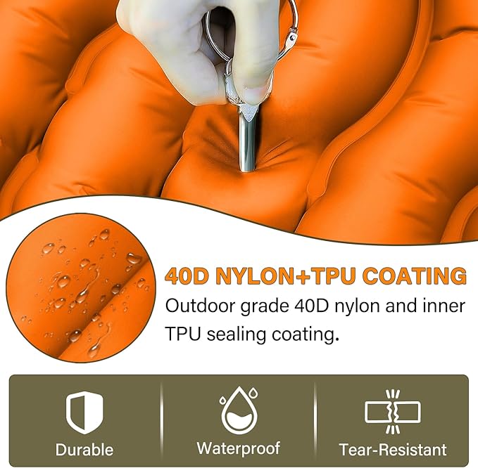 Camping Sleeping Pad Ultralight Camping Pad with Pillow Built-in Foot Pump Inflatable Sleeping Pads Compact for Camping Backpacking Hiking Traveling - Orange