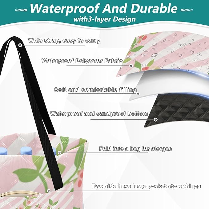 KLL Pink Green Stripe Pattern with Flowers Waterproof Beach Mat Cute Picnic Picnic Accessories Outdoor for 8 To 10 Adults Summer Gift cojines para picnic