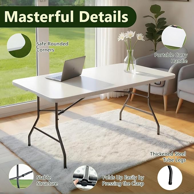 Folding Table 6 FT Foldable Plastic Table with Carrying Handle Heavy Duty Portable Fold-in-Half Utility Table for Party Camping Banquet Craft Wedding Indoor &amp Outdoor Use
