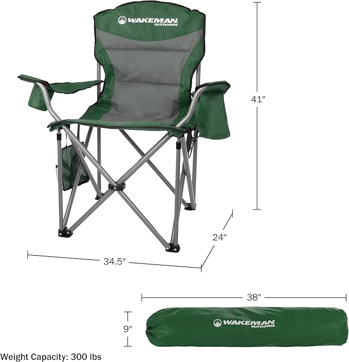 Oversized Camping Chair 300lbs - Heavy Duty Folding Chair with Cooler Pouch and Carry Bag for Camp Sites Tailgates or Beach by Wakeman (Green)