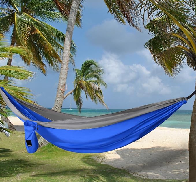 Gold Armour Camping Hammock with Bug Net - XL Double Hammock Portable Hammock Camping Accessories Gear Mosquito Bug Net Set for Outdoor Indoor USA Based Brand (Blue &amp Gray)