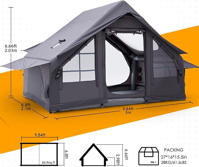 Inflatable Camping Tent with Electric Air Pump - 420D Heavy Duty Oxford - 5 Min Auto-Inflation - Panoramic Stargazing Skylight - 4 Season Luxury Glamping Cabin 4-10 Person Multiple Sizes