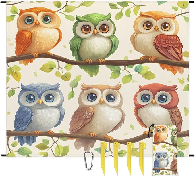 Waterproof Sandproof Beach Blanket 59''×68'' Funny Owls Polyester Outdoor Picnic Blanket with 4 Stakes &amp Storage Bag for BeachCampingVacation Multi-Color