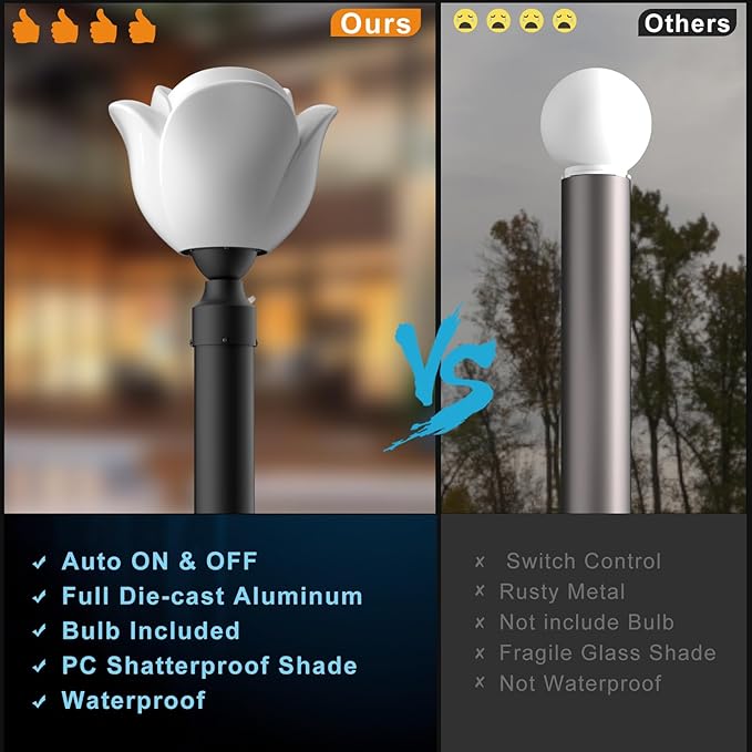 Lightdot 2 Pack Outdoor Lamp Post Light Fixture Dusk to Dawn - Outside Lamp Posts Outdoor Lighting with Flower Shade for Exterior Gate Waterproof Pole Column Light with Pier Mount Base