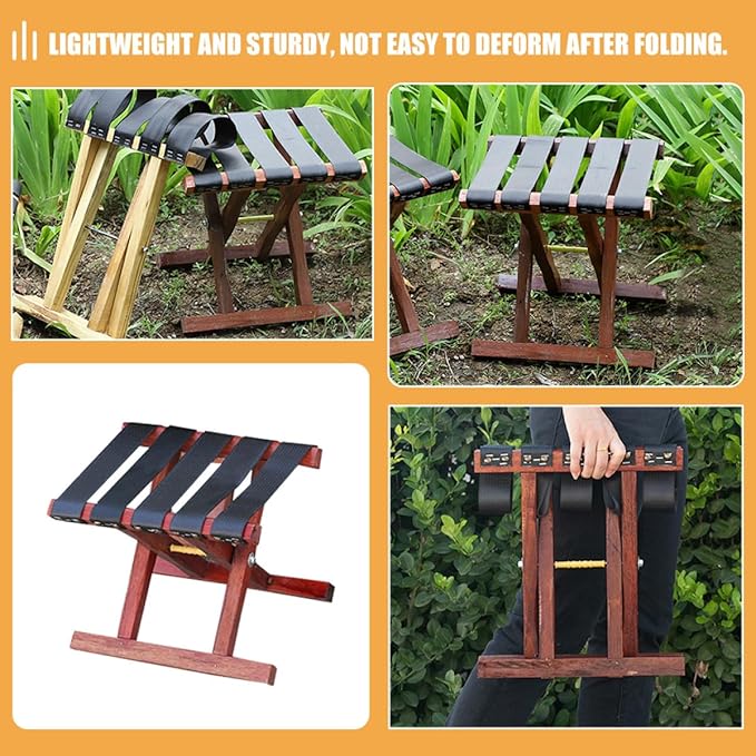 Portable Folding Camping Stool for Adults Solid Wood Compact Seat with Thickened Safety Strap Lightweight Outdoor Fishing and BBQ Bench Travel and Garden Folding Stool