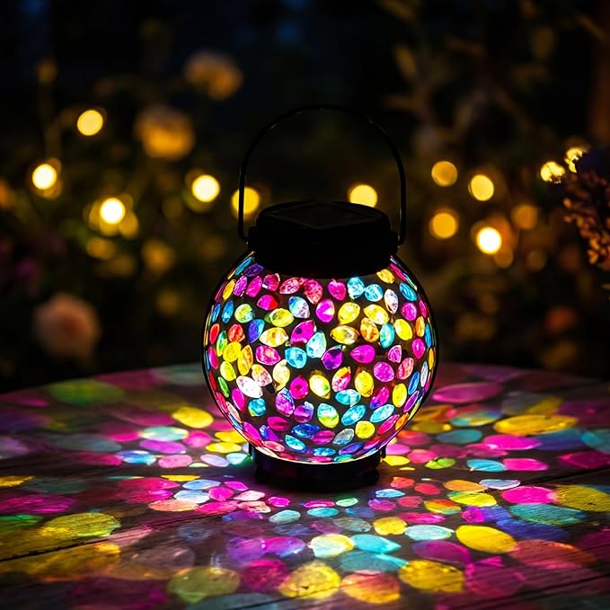 Lyeasw Mosaic Lights Solar Outdoor Hanging Lanterns Waterproof Lights Outdoor Decor for Patio Yard Garden Porch Birthday Gifts for Women Mom Grandma