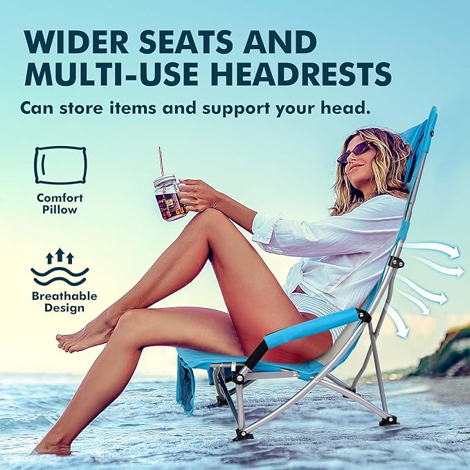 AKSOUL Folding Beach Chair for Adults: Low/High Back Chairs with Carry Bag - Extra Wide Seat Chair with Comfortable Pillow &amp Storage Pocket (1 Pack &amp 2 Pack Blue)