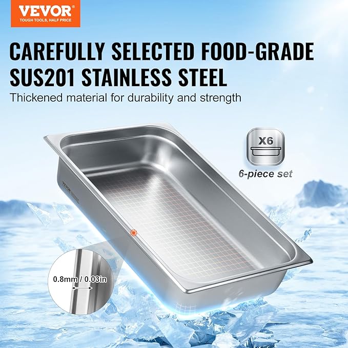 VEVOR 6 Pack Stainless Steel Hotel PansFull Size 4 Inch Deep 0.8mm Thick Anti-Jam Commercial Food Pans for Steam Tables Restaurants Catering &amp Industrial Use