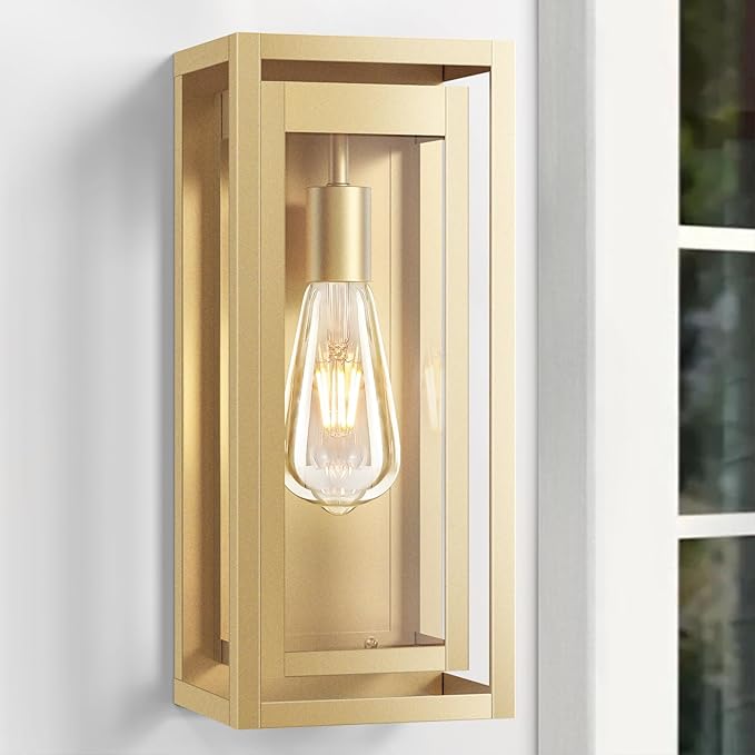 15 Large Gold Outdoor Light Fixture Wall Mount 2 Pack Waterproof Outdoor Sconces Modern Wall Lights with Clear Glass Shade for Front Door Porch Garage