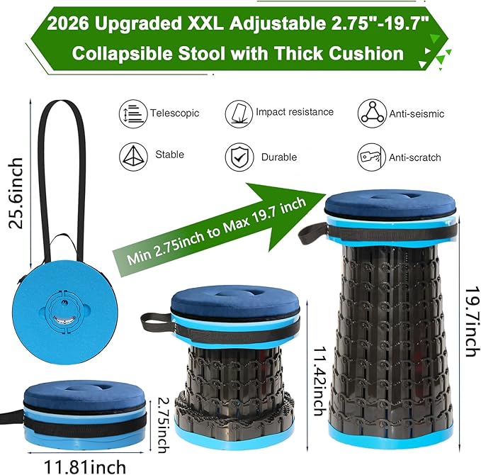 2026 Upgraded XXL Collapsible Stool with Thick Cushion19.7H-11.8D Telescoping Folding Stool for Adults More Sturdy Camping Stools with Load Capacity 1000lbs for OutdoorGardenFishingHiking