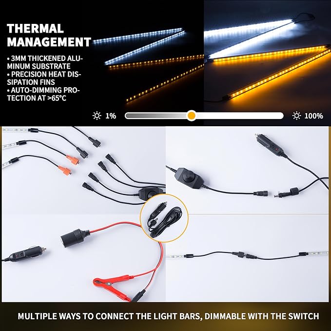 12V LED Light Bar Kit 2 Bars White &amp 2 Bars Amber Adjustable Brightness RV Camping Lights - Waterproof IP67 Magnetic &amp Velcro Mount Portable Lighting for Tent Car Trailer Boat Truck Of