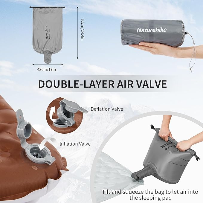 Naturehike Ultralight Insulated Sleeping Pad with R5.8 3.2in Thickened Patchworkable Inflatable Double Sleeping Mat for Camping Hiking Climbing with Inflatable Bag