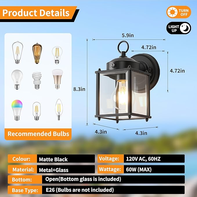 Dawn to Dusk Sensor Outdoor Wall Light Fixtures Waterproof Black Exterior Lighting Fixture Anti-Rust Outdoor Wall Lantern for Porch Patio Front Door Garage House -2 Pack