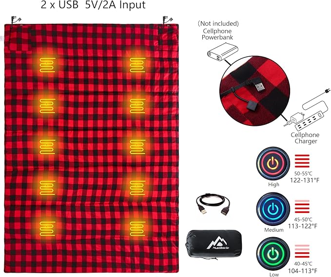 Heated Sleeping Bag pad Operated by 5V/2A USB Power Supply (Battery NOT Included). Black &amp Red Flannel.