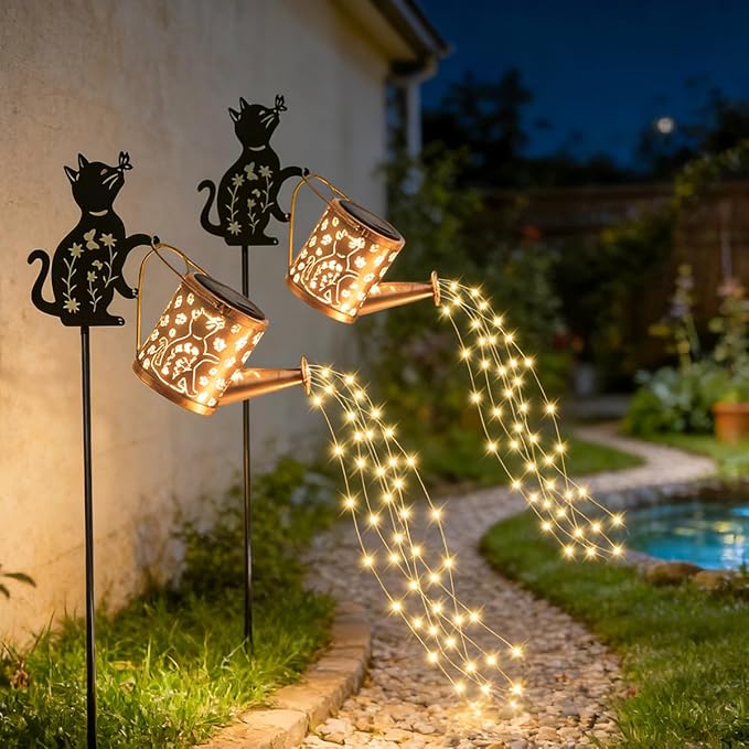 Garden Lanterns Solar Watering CanGarden Decor for OutsideCat Featuring a Metal Cat Silhouette Stake Ideal for Outdoor Landscaping Lawns and Pathways a Perfect Garden Gift for Women