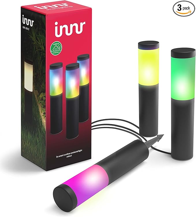 innr Smart Outdoor Lights Color Pathway Lights Works with Philips Hue* Alexa Hey Google SmartThings (Hub Required) Zigbee Outdoor Lights 3-Pack with Power Supply and RGBW Control Box OPL 130C