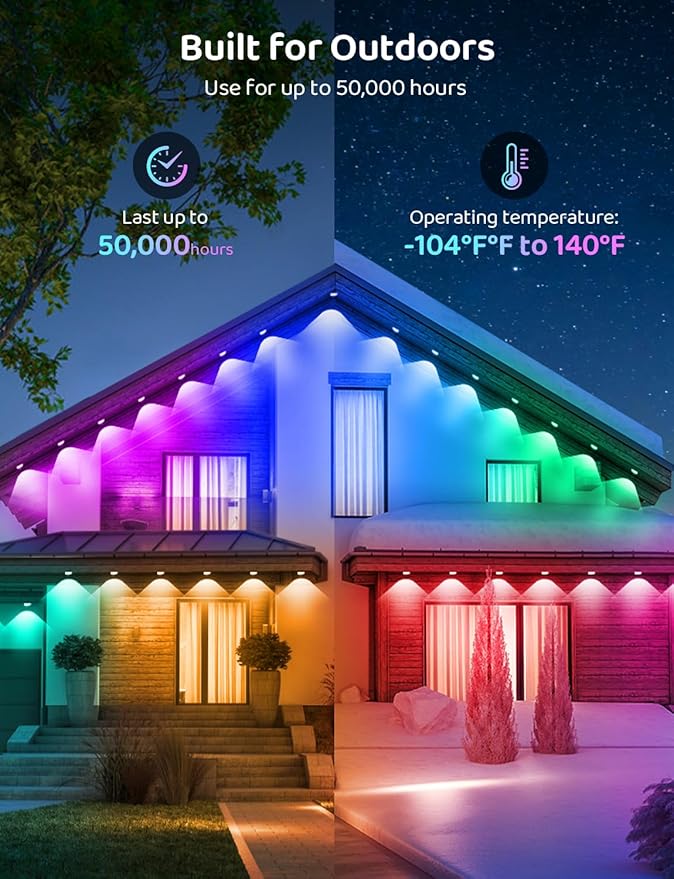 300FT IP68 WiFi DIY Design Permanent Outdoor LightArbitrary Trimming Smart RGB+IC Waterproof LED Eaves Lights for Christmas DecorationsHalloweenCompatible with AlexaGoogle Assistant