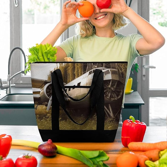 Insulated Shopping BagLarge Reusable Cooler Bags Abandoned Plane Printed Foldable Shopping BagTravel Waterproof Shoulder Bag