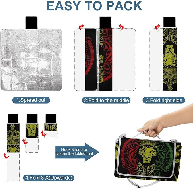 Jamaican Flag Rasta Lion Waterproof Outdoor Picnic Blanket Sandproof Beach Mat for Camping Hiking Grass Travelling