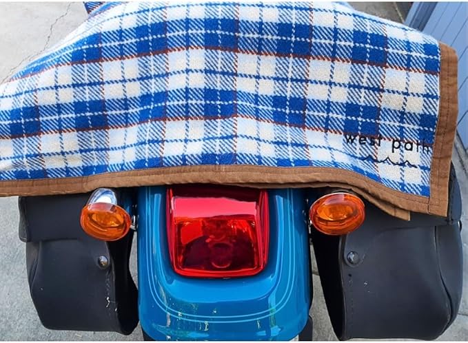 Motorcycle/Cowboy Bedroll - Waxed Canvas Blanket with Vegan Leather Strap - Pack/Blanket Roll with Waterproof Backing and Carrier (Blue/White Wool w/Strap)