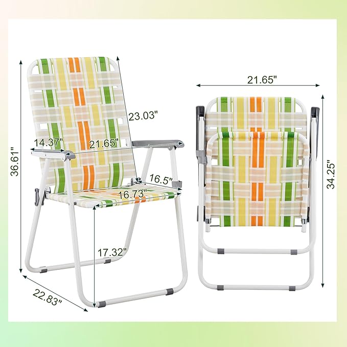 Set of 2 Patio Folding Lawn Chair Outdoor Beach Portable Camping Chair Webbed Folding Chair for Yard GardenLight Green