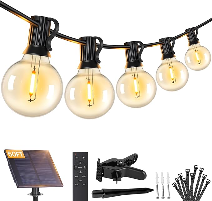 Brightever 50FT Solar String Lights Outdoor with Remote 18+1 LED Shatterproof G40 Bulbs 3 Lighting Modes &amp Timable Waterproof Dimmable Solar Power Patio Lights for Camping Backyard Party