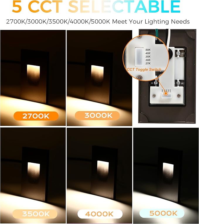 CLOUDY BAY 120V Dimmbale 5 Color LED Indoor Outdoor Step Light2700K/3000K/3500K/4000K/5000K 3W 35lmStair LightOil Rubbed Bronze6 Pack