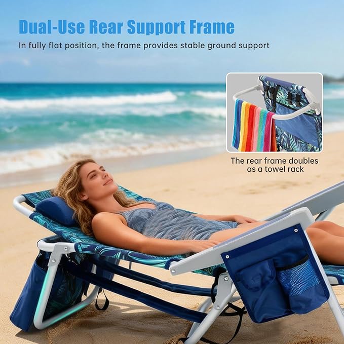 SUNNYFEEL Low Beach Chairs for Adults 5 Position Lay Flat Portable Folding Backpack Beach Chair Heavy Duty with Cooler Bag Cup Holder for Outdoor/Lawn/Picnic Foldable Camping Chair