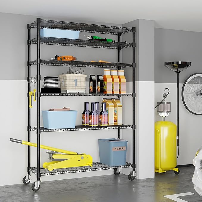 6-Story Storage Rack Adjustable Heavy-Duty Steel Wire Rack With Wheels/Leveling Feet Suitable For Garages Kitchens Laundry Rooms And Basements (Black 46.06 Inches X 17.71 Inches X 81.88 Inches)