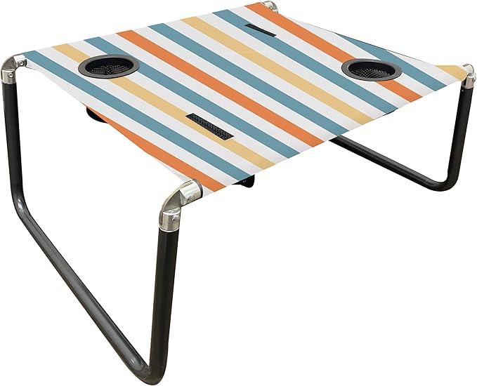 Neso Beach Table - Lightweight Portable and Foldable Table for Beach Camping and Outdoor Adventures - Stable Surface - with Cup Holder for Drinks and Phone Pockets - Vintage Stripes